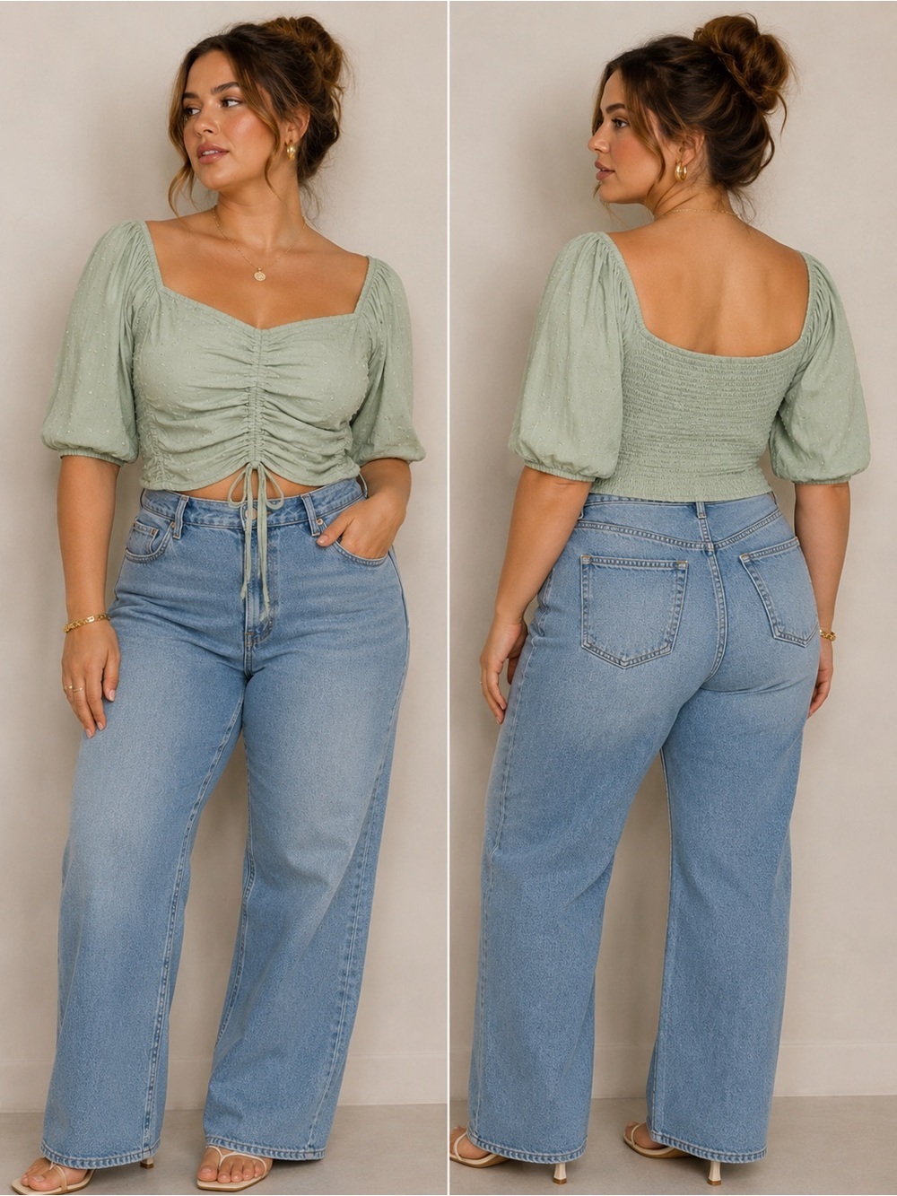 Vylette | Sage Green Ruched Puff Sleeve Crop Top